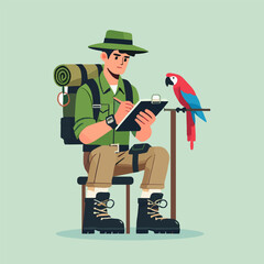 Ranger with Parrot Taking Notes in Natural Habitat Illustration