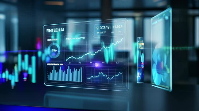 Holographic fintech AI dashboard with glowing charts and predictive analytics in modern office. Concept of artificial intelligence in finance, real-time data visualization, and digital trading interfa - Powered by Adobe