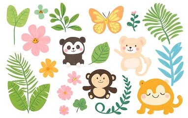 Fototapeta premium A cute animal set with a panda, monkey, and turtle in pastel colors on a white background