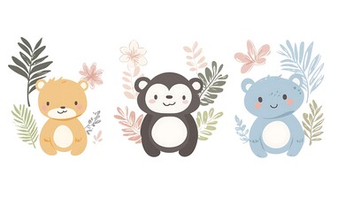 Naklejka premium A cute animal set with a panda, monkey, and turtle in pastel colors on a white background