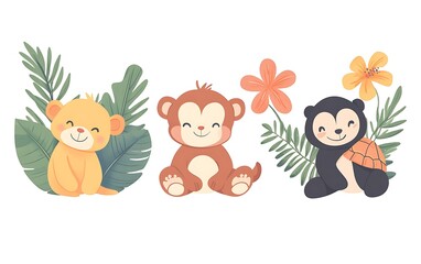 Fototapeta premium A cute animal set with a panda, monkey, and turtle in pastel colors on a white background