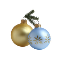 Two festive Christmas ornaments, one gold and one blue, adorned with elegant designs, with a pine branch, perfect for holiday decorations.