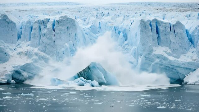 Dramatic Glacier Calving Ice Breaking Into Ocean in Climate Change Scene