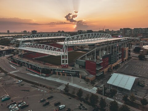 Aerial view of BMO Field at sunset.