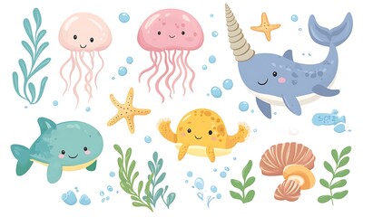 Fototapeta premium A vector illustration of cute cartoon sea animals, including a narwhal, jellyfish, turtle, manta ray, and starfish, on a white background