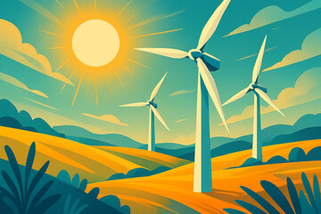Fototapeta premium Majestic wind turbines stand against bright sky, harnessing power of nature to generate clean energy. futuristic landscape symbolizes sustainability, innovation, and transition to renewable resources.