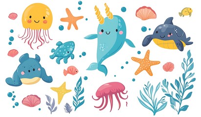 Naklejka premium A vector illustration of cute cartoon sea animals, including a narwhal, jellyfish, turtle, manta ray, and starfish, on a white background