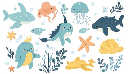 A vector illustration of cute cartoon sea animals, including a narwhal, jellyfish, turtle, manta ray, and starfish, on a white background