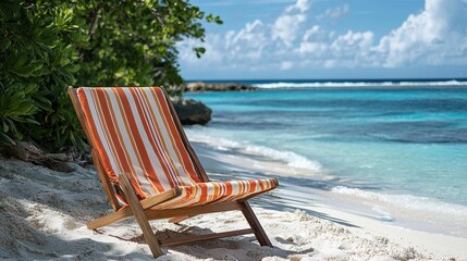 Beachside Tranquility With Striped Deck Chair On Sandy Shore. Relaxation And Coastal Escape