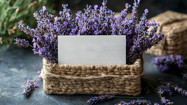 Lavender flowers in a rustic wicker box with a blank card