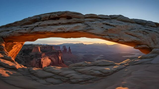 Sunrise Over Majestic Canyon Arch Rock Formation in Scenic Desert Landscape