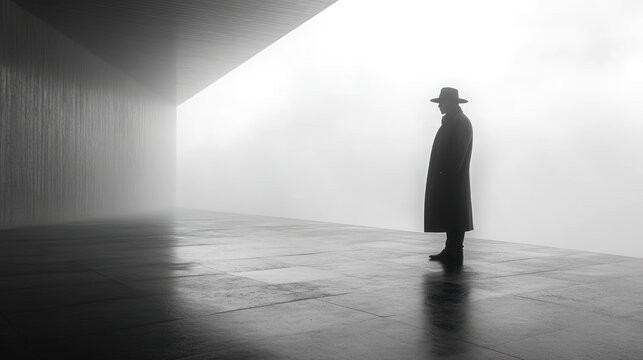 Man in hat and coat standing in foggy corridor - Powered by Adobe