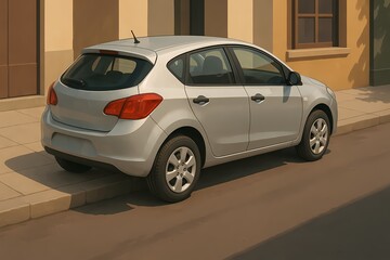 Naklejka premium A silver hatchback car partially parked on sidewalk.