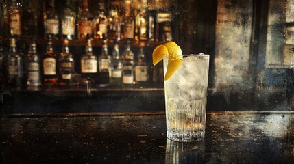 Vintage Cocktail Glass With Lemon Twist On Rustic Bar Counter In Nostalgic Postcard Style. Evokes Classic Bar Ambiance And Timeless Elegance
