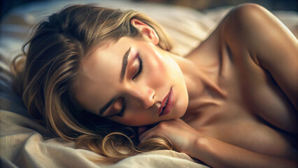sexy woman sleep on bed showing her face and body after her orgasm