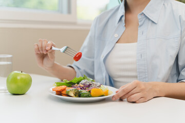 wellness lifestyles eat healthy food for good health concept, Close-up meal of vegan food have variety vegetable and raw freshness produce on the table.