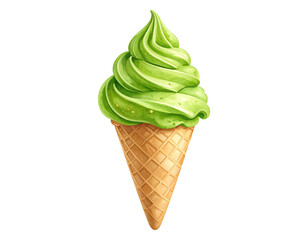  Watercolor illustration of matcha green tea ice cream cone. Food clipart illustration.