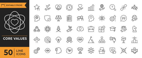Core Values outline icon set. Containing innovation, goals, responsibility, reliability, integrity, commitment, quality, teamwork, inclusion, and more. Editable stroke. Vector illustration
