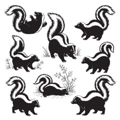Fototapeta premium Collection of cute black and white skunks in various poses. Hand drawn style ideal for prints, stickers, logos, mascots, and wildlife illustrations. Animals.