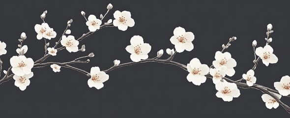 White apricot blossoms, an embroidery pattern design for a t-shirt with a dark gray background color