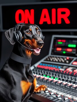 Doberman with headphones in radio station sound room with on air sign