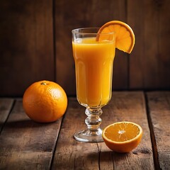 Glass of freshly squeezed orange juice on the table with citrus fruits