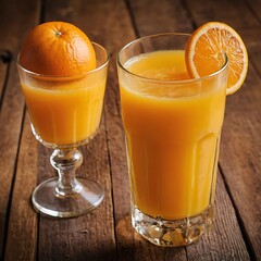 Glass of freshly squeezed orange juice on the table with citrus fruits