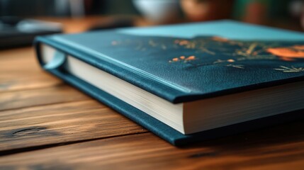 Close-up of a closed vintage book with a decorative cover resting on a wooden table in warm natural light.
