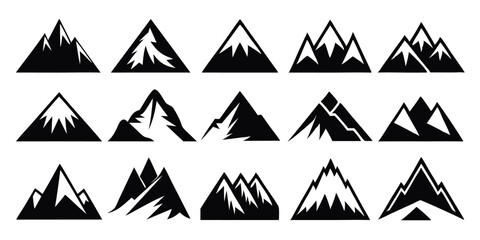 Collection of twelve mountain icons featuring diverse shapes and styles