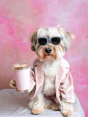 Stylish dog wearing sunglasses and jacket holding coffee against pink background