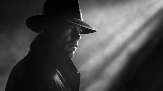 Noir detective in trench coat and fedora investigates mystery in shadows evoking crime drama