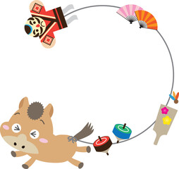 干支の馬が駆ける！お正月遊びフレーム付き年賀イラスト