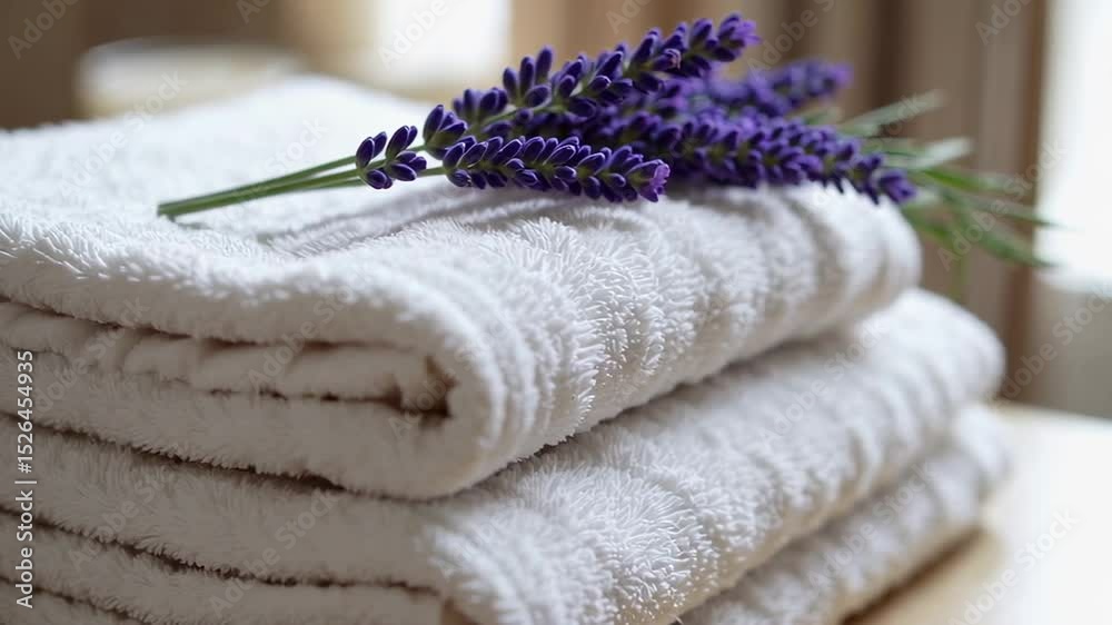Poster soft white towels, neatly folded and stacked, provide a comforting backdrop for a vibrant sprig of l