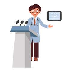 Doctor presenting medical information at conference using screen in professional setting. Vector isolated illustration in flat style on white background.
