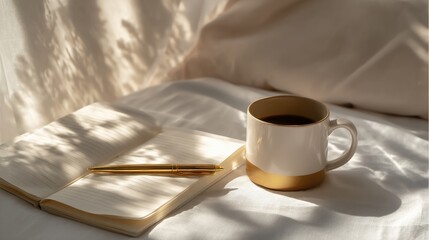 Open Notebook With Pen And Coffee Cup On Sunlit Bed. Morning Routine And Relaxation Concept