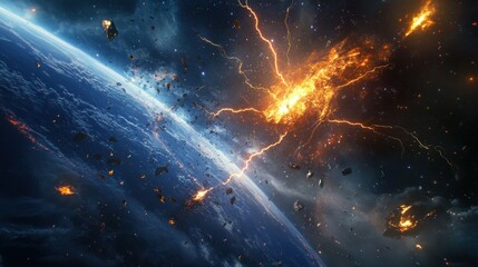 Obraz premium The terrifying sight of Earth being destroyed by a flash of celestial lightning, background wallpaper AI generated image