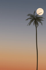 Silhouette coconut palm tree and full moon with sunset sky vertical background graphic illustration have blank space.