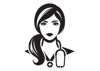 women doctor logo silhouette vector, female doctor logo icon silhouette, silhouette of a female doctor logo vector illustration, women doctor silhouette vector logo on white background