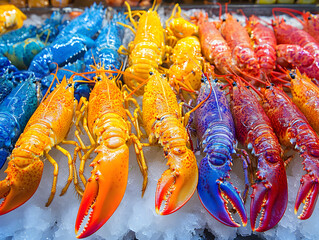 Fresh norway lobsters piled high on ice at market stall displaying vibrant colors and textures