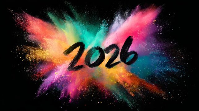Vibrant color explosion with 2026 in black text on black background