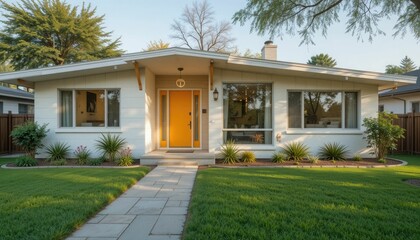Fototapeta premium Mid-century modern-inspired suburban home with a bright, creative front door and a smooth, streamlined exterior