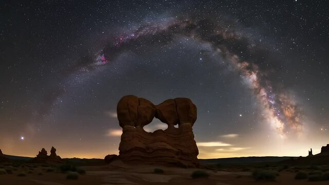 Milky Way Galaxy Arching Over Iconic Desert Rock Formations at Night