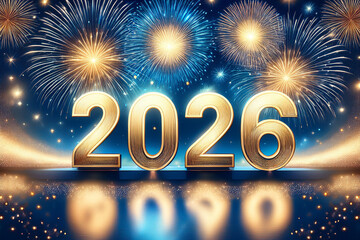 happy new year, new year's eve, silvester, new year, celebration greeting card, new year card - Year 2026 in sparkler font and firework fireworks pyrotechnic, isolated on black night sky background