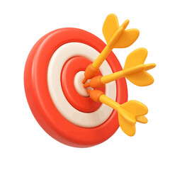 Winning success: A red dart hits the bullseye on a white background, demonstrating perfect aim and achieved goals