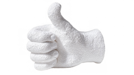White foam hand shaped in a thumbs up gesture, symbolizing approval or support. The design features a textured surface and is isolated on a transparent background, ideal for promotional use