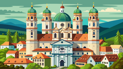 St. Stephans cathedral in Passau, Germany is an old white church with green metal domes on top of the towers Very beautiful