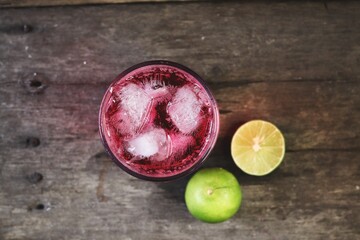 Red soda soft drink with ice