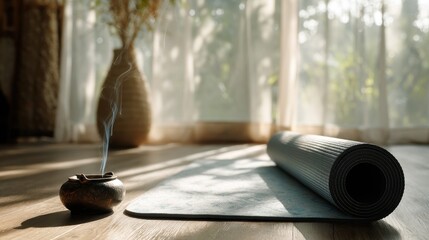 Rolled Yoga Mat And Incense Burner In Serene Sunlit Room. Tranquil Space For Meditation And Relaxation