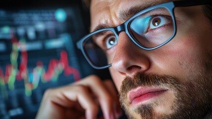 Close-up of a focused man wearing glasses analyzing stock market data on a digital screen with charts and graphs.