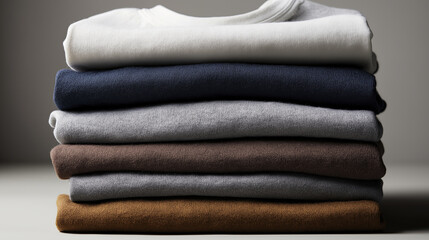 Stack of folded sweatshirts in various colors expresses tidiness and comfort. neat and appealing arrangement of soft, warm casual clothing